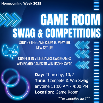 Flyer for Game Room Swag & Competition event. Location in Game Room on 10/2 from 11Am - 4PM. 