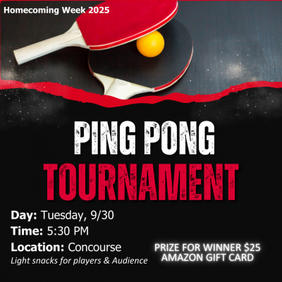 Flyer for ping pong tournament on Tuesday, 9/30 at 5:30 PM in the concourse.