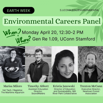 Event flyer for the Enviornmental Careers panel of 4/20/26 from 12:30 PM - 2PM in the GenRe auditorium. 